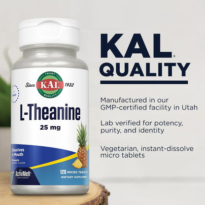 KAL L-Theanin 25 mg ActivMelt – Entspannung, Stressabbau, Stimmung & Fokus – leckerer natürlicher Ananasgeschmack mit Stevia – vegetarisch – 120 Portionen, 120 Mikro-Tabletten zum sofortigen Auflösen