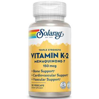 Solaray Dreifachstärke Vitamin K-2 als MK-7 150 mcg - Vitamin K2 MK7 Nahrungsergänzungsmittel für Knochengesundheit, reines Vit K2 als Menaquinon für Frauen und Männer - 30 vegane Kapseln