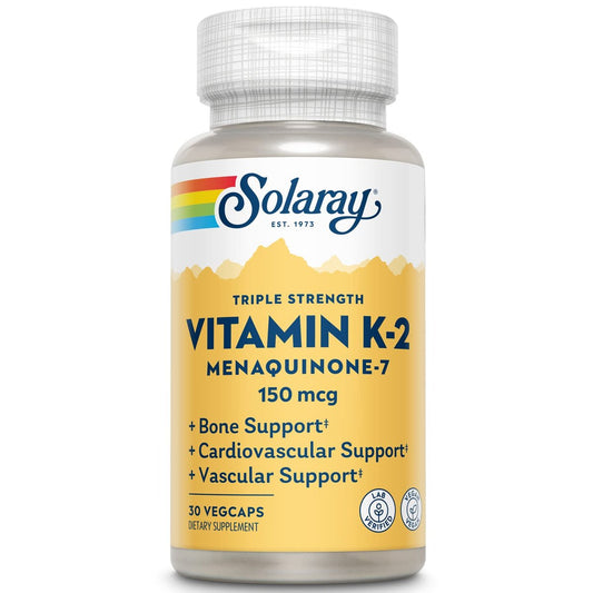 Solaray Dreifachstärke Vitamin K-2 als MK-7 150 mcg - Vitamin K2 MK7 Nahrungsergänzungsmittel für Knochengesundheit, reines Vit K2 als Menaquinon für Frauen und Männer - 30 vegane Kapseln