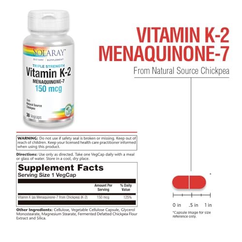 Solaray Dreifachstärke Vitamin K-2 als MK-7 150 mcg - Vitamin K2 MK7 Nahrungsergänzungsmittel für Knochengesundheit, reines Vit K2 als Menaquinon für Frauen und Männer - 30 vegane Kapseln