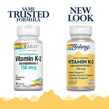 Solaray Dreifachstärke Vitamin K-2 als MK-7 150 mcg - Vitamin K2 MK7 Nahrungsergänzungsmittel für Knochengesundheit, reines Vit K2 als Menaquinon für Frauen und Männer - 30 vegane Kapseln