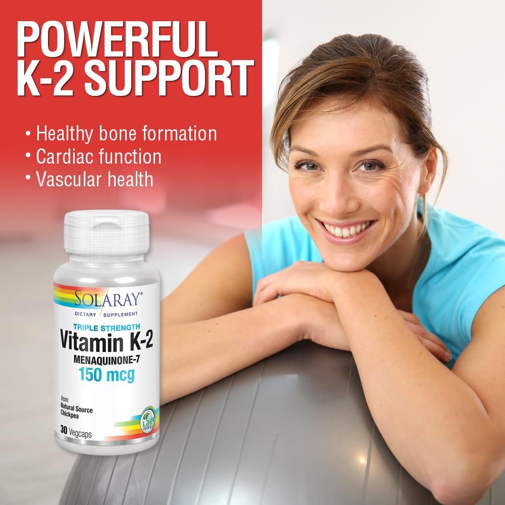 Solaray Dreifachstärke Vitamin K-2 als MK-7 150 mcg - Vitamin K2 MK7 Nahrungsergänzungsmittel für Knochengesundheit, reines Vit K2 als Menaquinon für Frauen und Männer - 30 vegane Kapseln