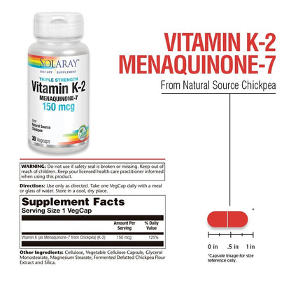 Solaray Dreifachstärke Vitamin K-2 als MK-7 150 mcg - Vitamin K2 MK7 Nahrungsergänzungsmittel für Knochengesundheit, reines Vit K2 als Menaquinon für Frauen und Männer - 30 vegane Kapseln