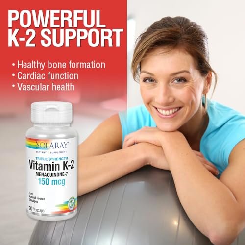 Solaray Dreifachstärke Vitamin K-2 als MK-7 150 mcg - Vitamin K2 MK7 Nahrungsergänzungsmittel für Knochengesundheit, reines Vit K2 als Menaquinon für Frauen und Männer - 30 vegane Kapseln