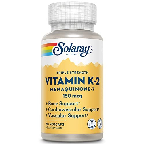Solaray Dreifachstärke Vitamin K-2 als MK-7 150 mcg - Vitamin K2 MK7 Nahrungsergänzungsmittel für Knochengesundheit, reines Vit K2 als Menaquinon für Frauen und Männer - 30 vegane Kapseln