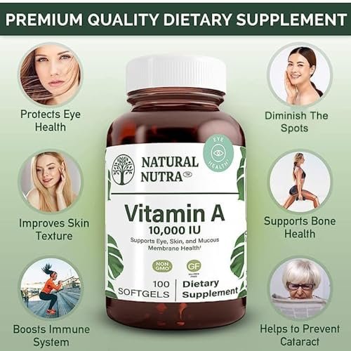 Natural Nutra Vitamin A 10.000 IE Weichkapseln – Hochdosiertes Augen- und Haut-Vitamin – Glutenfreies Vitamin-A-Präparat für Sehkraft und Hautgesundheit – Fischleberöl für Männer und Frauen, glutenfrei, 100 Weichkapseln