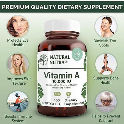 Natural Nutra Vitamin A 10.000 IE Weichkapseln – Hochdosiertes Augen- und Haut-Vitamin – Glutenfreies Vitamin-A-Präparat für Sehkraft und Hautgesundheit – Fischleberöl für Männer und Frauen, glutenfrei, 100 Weichkapseln