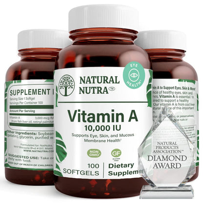 Natural Nutra Vitamin A 10.000 IE Weichkapseln – Hochdosiertes Augen- und Haut-Vitamin – Glutenfreies Vitamin-A-Präparat für Sehkraft und Hautgesundheit – Fischleberöl für Männer und Frauen, glutenfrei, 100 Weichkapseln