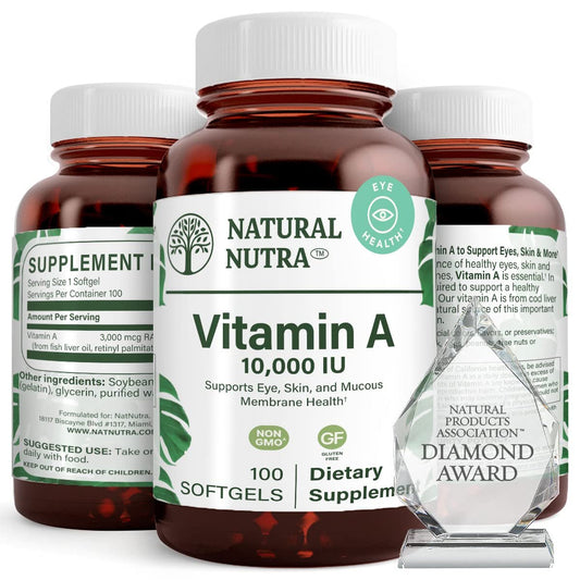 Natural Nutra Vitamin A 10.000 IE Weichkapseln – Hochdosiertes Augen- und Haut-Vitamin – Glutenfreies Vitamin-A-Präparat für Sehkraft und Hautgesundheit – Fischleberöl für Männer und Frauen, glutenfrei, 100 Weichkapseln