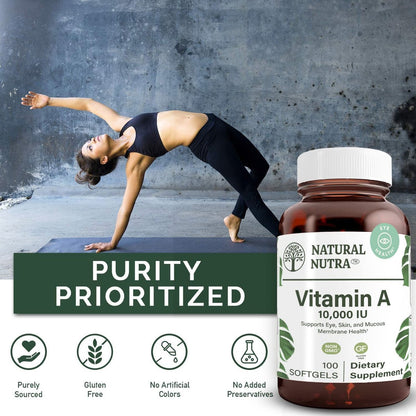 Natural Nutra Vitamin A 10.000 IE Weichkapseln – Hochdosiertes Augen- und Haut-Vitamin – Glutenfreies Vitamin-A-Präparat für Sehkraft und Hautgesundheit – Fischleberöl für Männer und Frauen, glutenfrei, 100 Weichkapseln