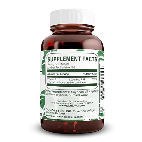 Natural Nutra Vitamin A 10.000 IE Weichkapseln – Hochdosiertes Augen- und Haut-Vitamin – Glutenfreies Vitamin-A-Präparat für Sehkraft und Hautgesundheit – Fischleberöl für Männer und Frauen, glutenfrei, 100 Weichkapseln