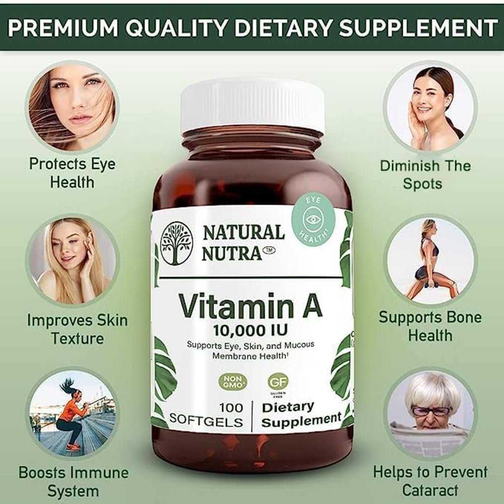 Natural Nutra Vitamin A 10.000 IE Weichkapseln – Hochdosiertes Augen- und Haut-Vitamin – Glutenfreies Vitamin-A-Präparat für Sehkraft und Hautgesundheit – Fischleberöl für Männer und Frauen, glutenfrei, 100 Weichkapseln