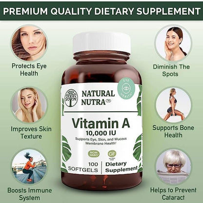 Natural Nutra Vitamin A 10.000 IE Weichkapseln – Hochdosiertes Augen- und Haut-Vitamin – Glutenfreies Vitamin-A-Präparat für Sehkraft und Hautgesundheit – Fischleberöl für Männer und Frauen, glutenfrei, 100 Weichkapseln