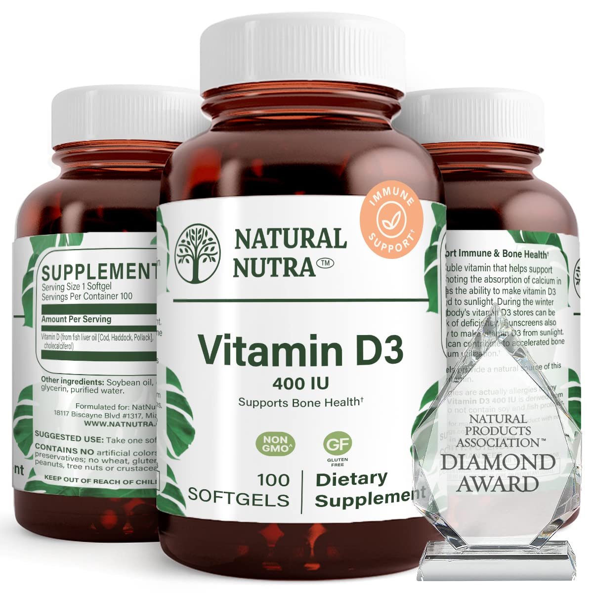 Natural Nutra 100 Vitamin D3 400 IE Weichkapseln – Sonnenvitamin zur Unterstützung des Immunsystems, der Knochen- und Zahngesundheit – Glutenfreies Nahrungsergänzungsmittel