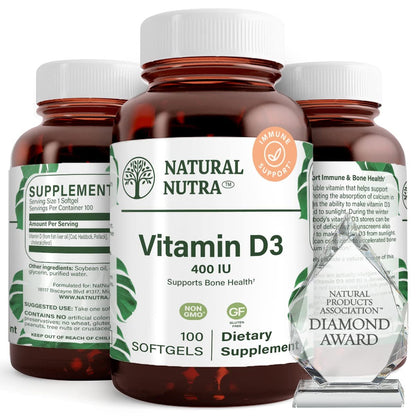 Natural Nutra 100 Vitamin D3 400 IE Weichkapseln – Sonnenvitamin zur Unterstützung des Immunsystems, der Knochen- und Zahngesundheit – Glutenfreies Nahrungsergänzungsmittel