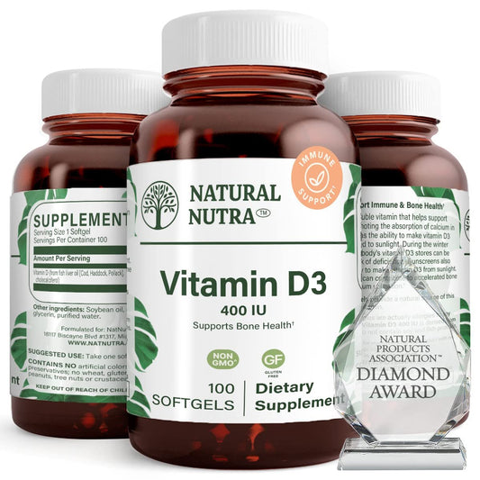 Natural Nutra 100 Vitamin D3 400 IE Weichkapseln – Sonnenvitamin zur Unterstützung des Immunsystems, der Knochen- und Zahngesundheit – Glutenfreies Nahrungsergänzungsmittel