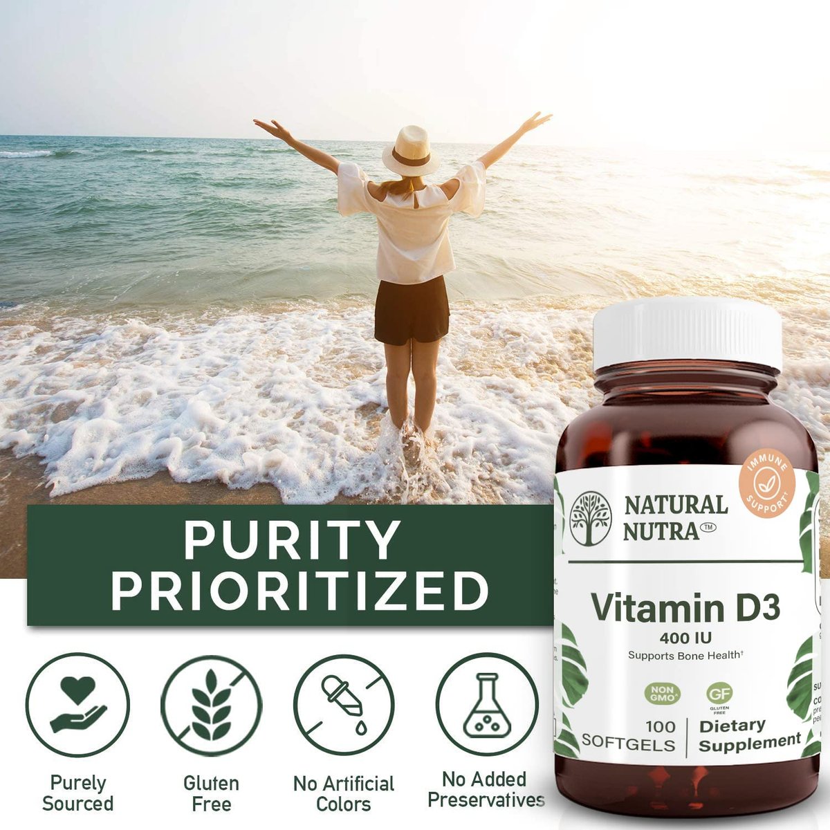 Natural Nutra 100 Vitamin D3 400 IE Weichkapseln – Sonnenvitamin zur Unterstützung des Immunsystems, der Knochen- und Zahngesundheit – Glutenfreies Nahrungsergänzungsmittel