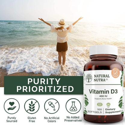Natural Nutra 100 Vitamin D3 400 IE Weichkapseln – Sonnenvitamin zur Unterstützung des Immunsystems, der Knochen- und Zahngesundheit – Glutenfreies Nahrungsergänzungsmittel