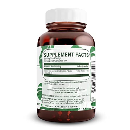 Natural Nutra 100 Vitamin D3 400 IE Weichkapseln – Sonnenvitamin zur Unterstützung des Immunsystems, der Knochen- und Zahngesundheit – Glutenfreies Nahrungsergänzungsmittel