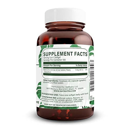 Natural Nutra 100 Vitamin D3 400 IE Weichkapseln – Sonnenvitamin zur Unterstützung des Immunsystems, der Knochen- und Zahngesundheit – Glutenfreies Nahrungsergänzungsmittel
