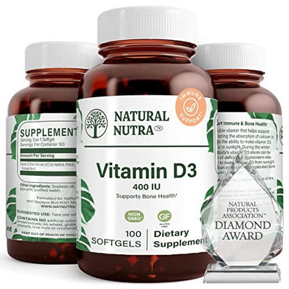 Natural Nutra 100 Vitamin D3 400 IE Weichkapseln – Sonnenvitamin zur Unterstützung des Immunsystems, der Knochen- und Zahngesundheit – Glutenfreies Nahrungsergänzungsmittel