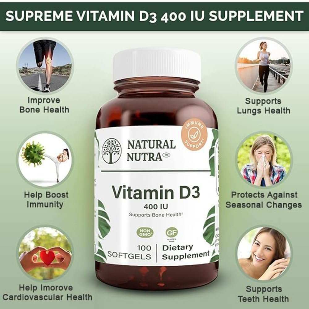 Natural Nutra 100 Vitamin D3 400 IE Weichkapseln – Sonnenvitamin zur Unterstützung des Immunsystems, der Knochen- und Zahngesundheit – Glutenfreies Nahrungsergänzungsmittel