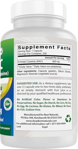 Best Naturals NAC N-Acetyl-Cystein 600 mg 250 Kapseln – Hochdosiertes Nahrungsergänzungsmittel