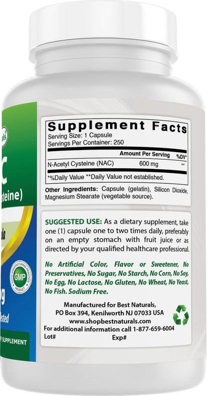 Best Naturals NAC N-Acetyl-Cystein 600 mg 250 Kapseln – Hochdosiertes Nahrungsergänzungsmittel