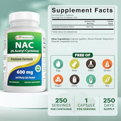 Best Naturals NAC N-Acetyl-Cystein 600 mg 250 Kapseln – Hochdosiertes Nahrungsergänzungsmittel