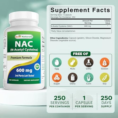 Best Naturals NAC N-Acetyl-Cystein 600 mg 250 Kapseln – Hochdosiertes Nahrungsergänzungsmittel