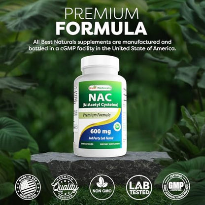 Best Naturals NAC N-Acetyl-Cystein 600 mg 250 Kapseln – Hochdosiertes Nahrungsergänzungsmittel