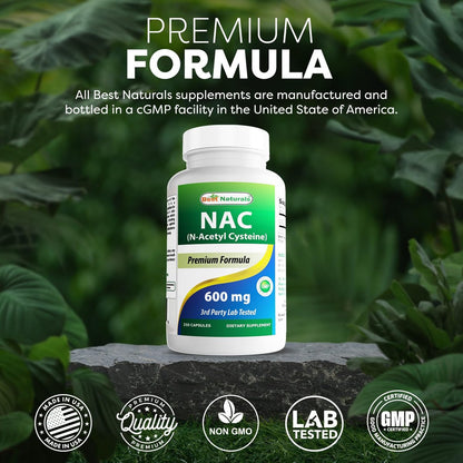 Best Naturals NAC N-Acetyl-Cystein 600 mg 250 Kapseln – Hochdosiertes Nahrungsergänzungsmittel