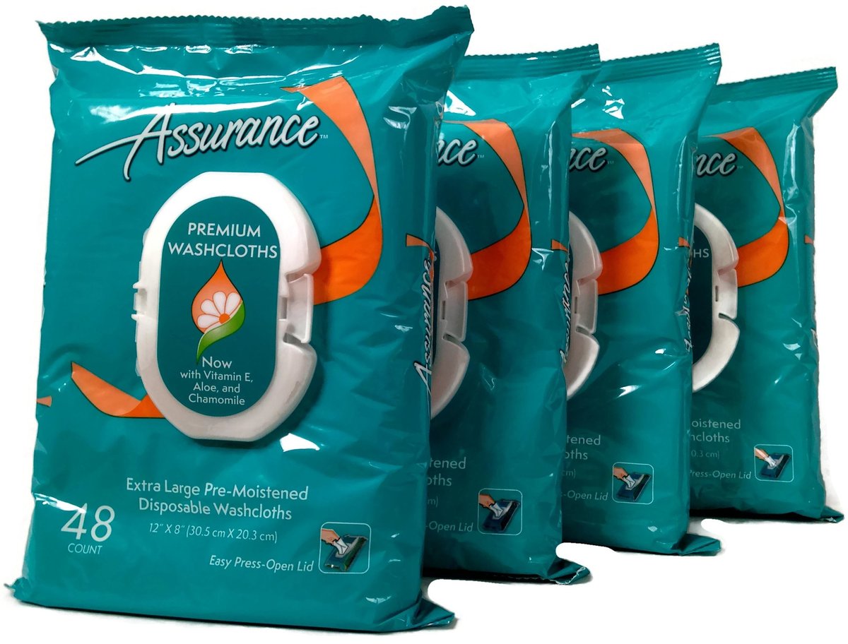 Assurance Premium Vorbefeuchtete Einweg-Waschlappen, Extragroß, 48 Stück, Mehrfachpackung mit 4 (insgesamt 192 Tücher)