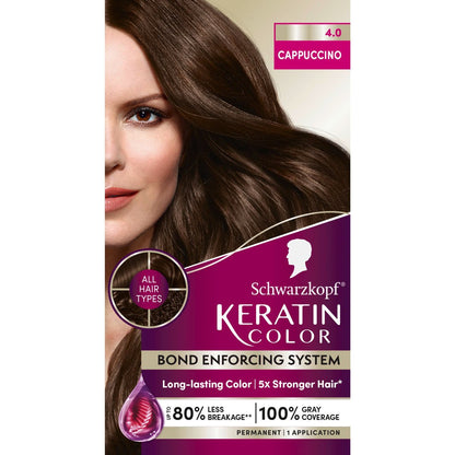 Schwarzkopf Keratin Permanente Haarfarbe Creme, 4.0 Cappuccino – Professionelle Qualität mit bis zu 100% Grauabdeckung und Bond-Enforcing-System