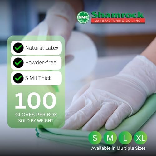 Shamrock Latex Untersuchungshandschuhe, puderfrei, Einweghandschuhe mit vollständig strukturiertem Griff, 5 Mil, unsteril, beidseitig tragbar, Medium (100 Stück)