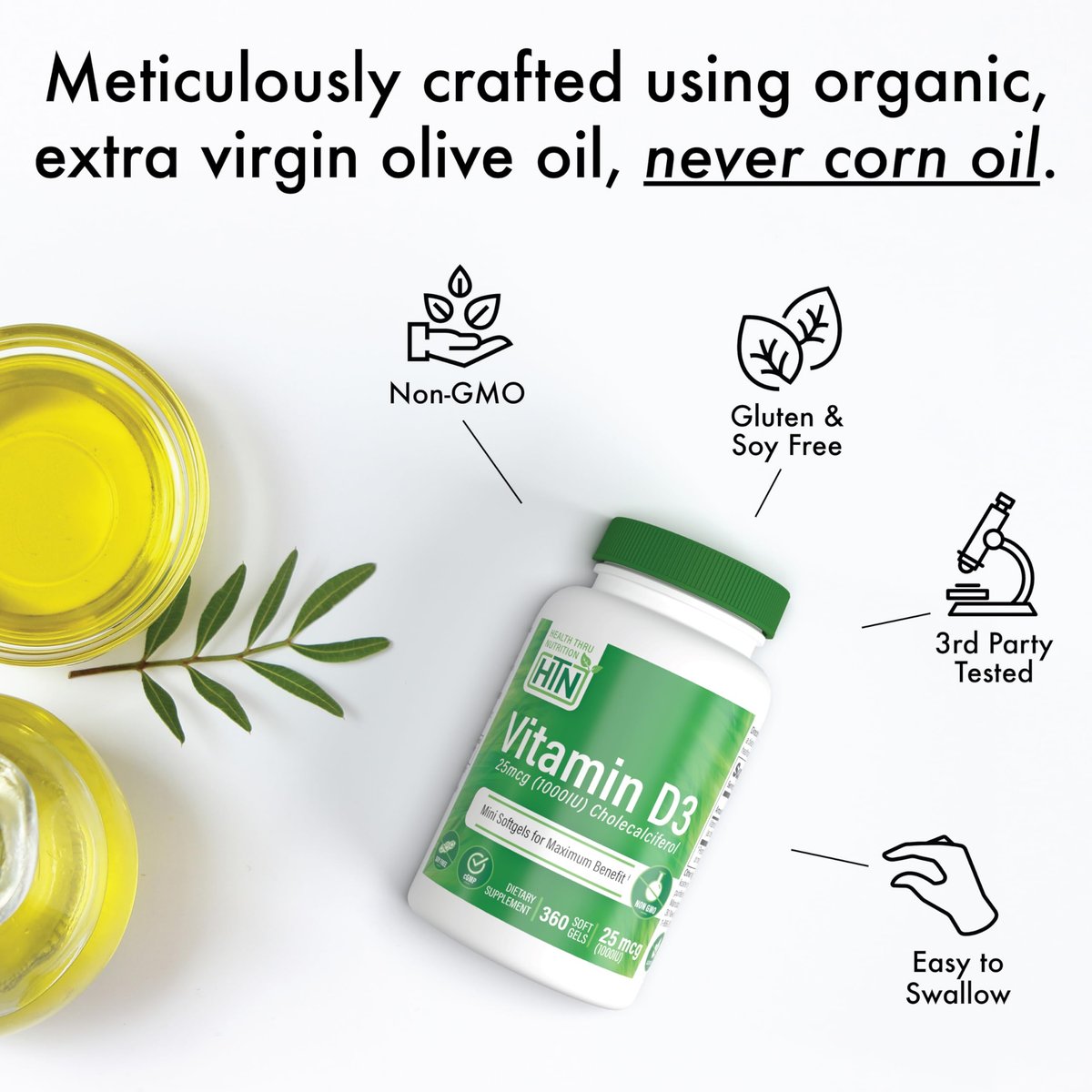 Health Thru Nutrition Vitamin D3 5000 IE 360 Mini-Softgels – Jahresvorrat | 125 µg Cholecalciferol | Laborgeprüft | Non-GMO USP-Qualität in organischem EVOO | Unterstützt das Immunsystem