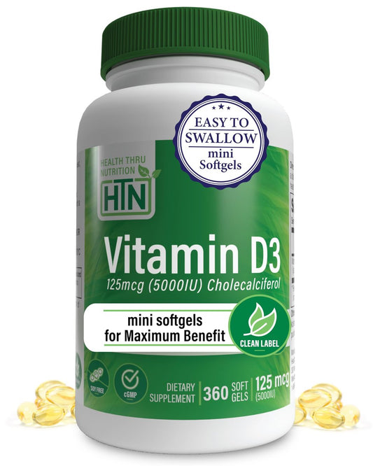 Health Thru Nutrition Vitamin D3 5000 IE 360 Mini-Softgels – Jahresvorrat | 125 µg Cholecalciferol | Laborgeprüft | Non-GMO USP-Qualität in organischem EVOO | Unterstützt das Immunsystem