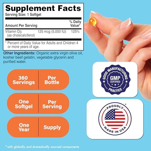 Health Thru Nutrition Vitamin D3 5000 IE 360 Mini-Softgels – Jahresvorrat | 125 µg Cholecalciferol | Laborgeprüft | Non-GMO USP-Qualität in organischem EVOO | Unterstützt das Immunsystem