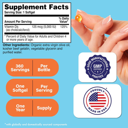 Health Thru Nutrition Vitamin D3 5000 IE 360 Mini-Softgels – Jahresvorrat | 125 µg Cholecalciferol | Laborgeprüft | Non-GMO USP-Qualität in organischem EVOO | Unterstützt das Immunsystem