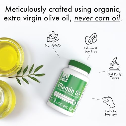 Health Thru Nutrition Vitamin D3 5000 IE 360 Mini-Softgels – Jahresvorrat | 125 µg Cholecalciferol | Laborgeprüft | Non-GMO USP-Qualität in organischem EVOO | Unterstützt das Immunsystem