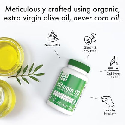 Health Thru Nutrition Vitamin D3 5000 IE 360 Mini-Softgels – Jahresvorrat | 125 µg Cholecalciferol | Laborgeprüft | Non-GMO USP-Qualität in organischem EVOO | Unterstützt das Immunsystem