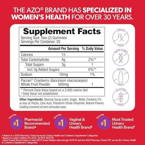 AZO Cranberry Urinary Tract Health Gummies – 40 Stück, Nicht-GMO, Natürlicher Beerengeschmack