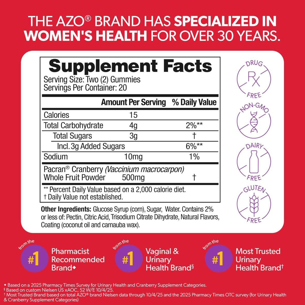 AZO Cranberry Urinary Tract Health Gummies – 40 Stück, Nicht-GMO, Natürlicher Beerengeschmack
