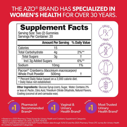 AZO Cranberry Urinary Tract Health Gummies – 40 Stück, Nicht-GMO, Natürlicher Beerengeschmack