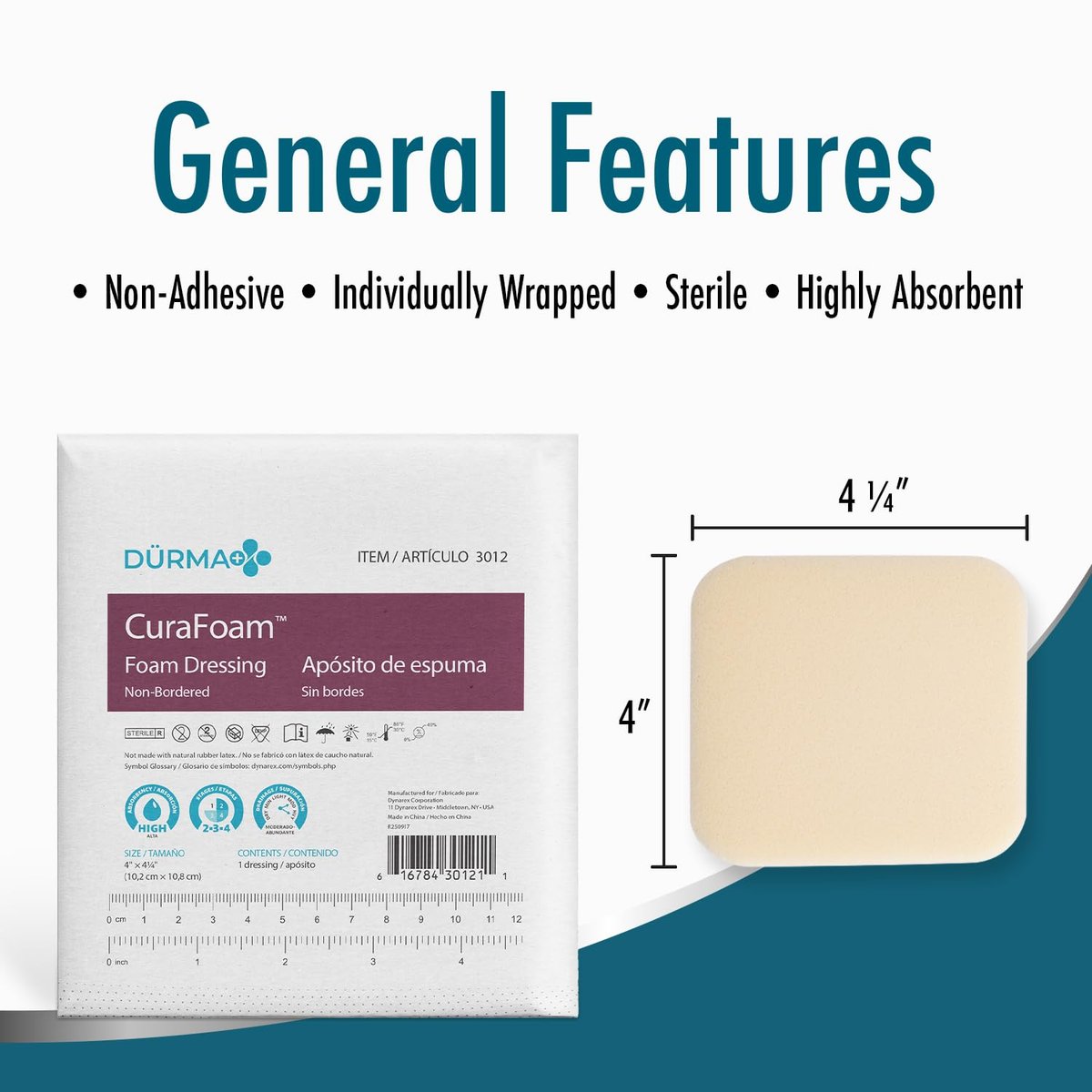 Dynarex Dürma+ CuraFoam Schaumstoff-Wundauflagen - Sterile, nicht haftende Wundpads, hoch saugfähig - Bietet feuchtes, gepolstertes Heilungsumfeld - 10,2 x 10,8 cm - 1 Box mit 10 Stück