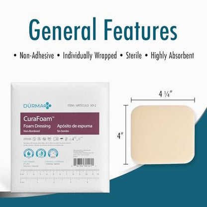 Dynarex Dürma+ CuraFoam Schaumstoff-Wundauflagen - Sterile, nicht haftende Wundpads, hoch saugfähig - Bietet feuchtes, gepolstertes Heilungsumfeld - 10,2 x 10,8 cm - 1 Box mit 10 Stück
