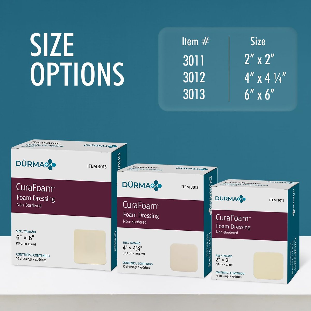 Dynarex Dürma+ CuraFoam Schaumstoff-Wundauflagen - Sterile, nicht haftende Wundpads, hoch saugfähig - Bietet feuchtes, gepolstertes Heilungsumfeld - 10,2 x 10,8 cm - 1 Box mit 10 Stück