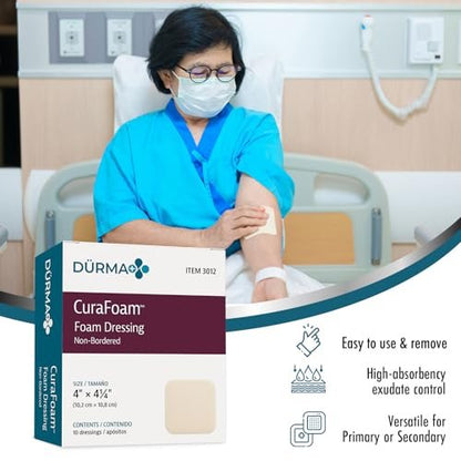 Dynarex Dürma+ CuraFoam Schaumstoff-Wundauflagen - Sterile, nicht haftende Wundpads, hoch saugfähig - Bietet feuchtes, gepolstertes Heilungsumfeld - 10,2 x 10,8 cm - 1 Box mit 10 Stück