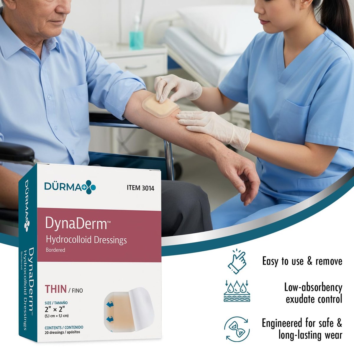 Dynarex Dürma+ DynaDerm Hydrokolloid Wundverband - Sterile, wasserabweisende Wundauflage mit Rand - flexibel, dünn - 5 x 5 cm - 20 Stück pro Box