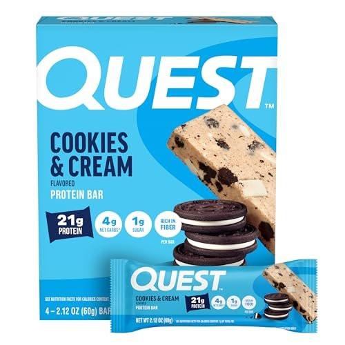 Quest Nutrition Cookies & Cream Proteinriegel – 21 g Protein, 4 g Netto-Kohlenhydrate, 1 g Zucker, ballaststoffreich, glutenfrei, keto-freundlich, 4er-Pack